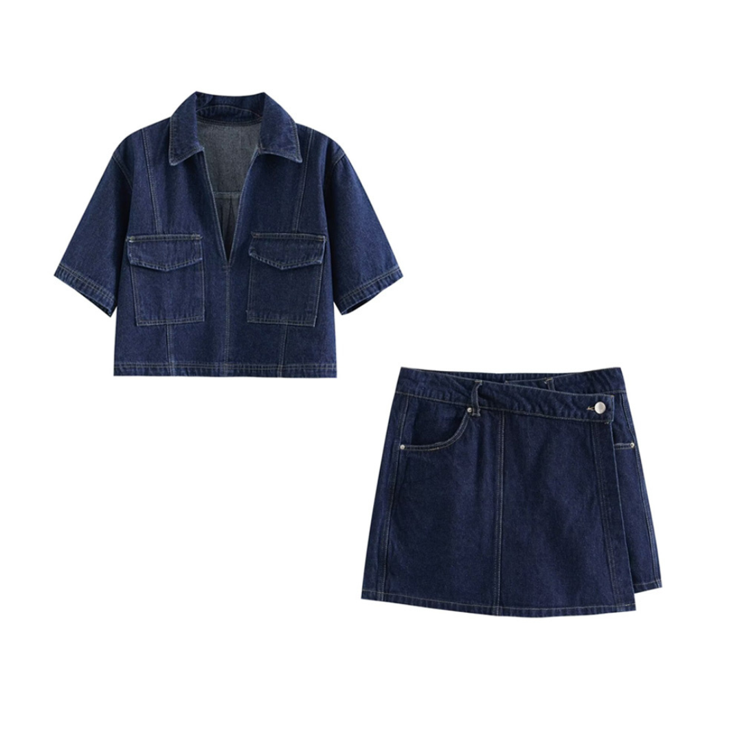 Amina | Zweiteiliges Denim Set bestehend aus Hosenrock & Kurzarm-Bluse