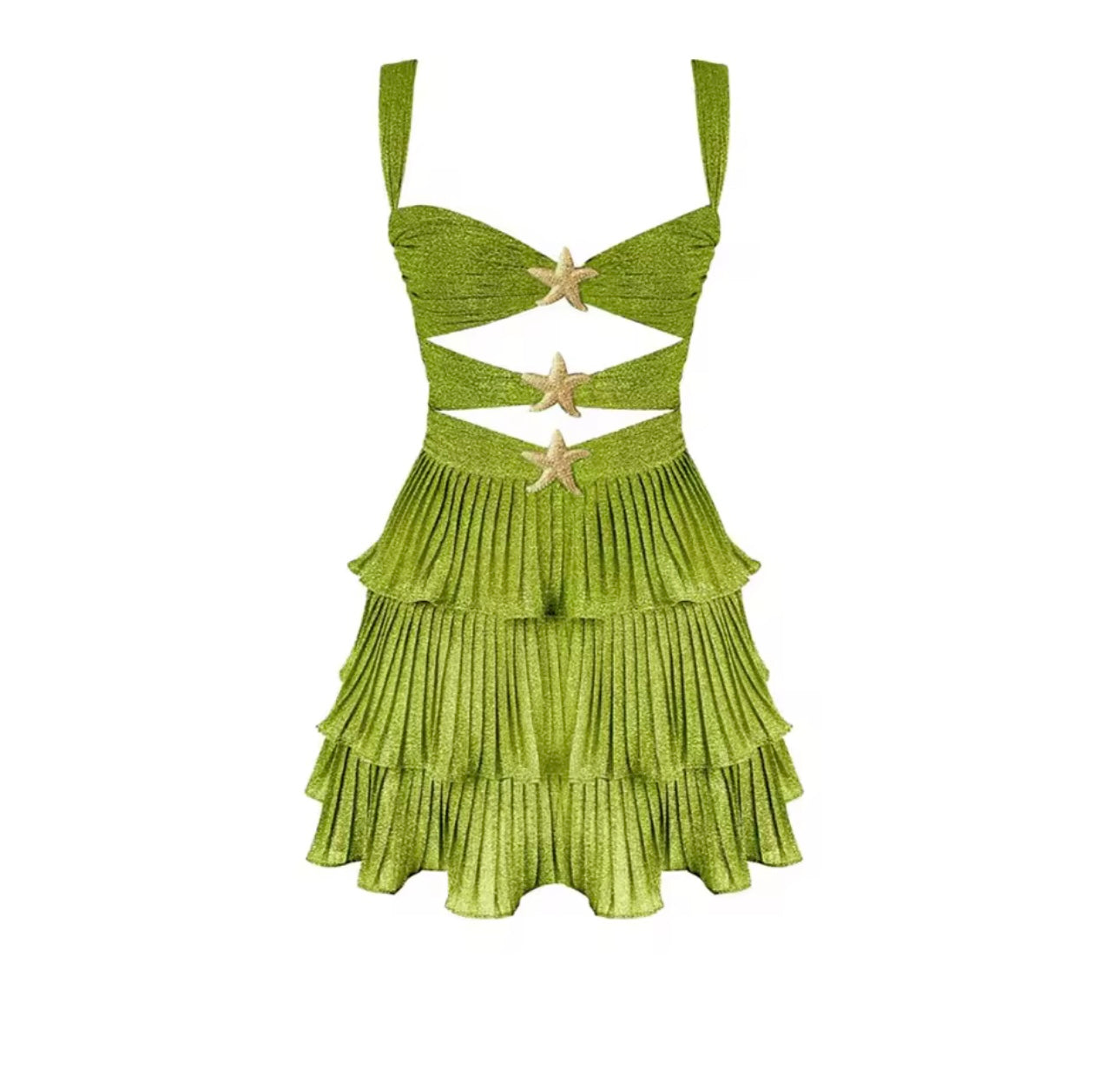 Etoile de Mer Glam Dress grün Vorderansicht
Glamouröses Sommerkleid mit Seestern-Details
Plisseerock Cut-Out Dress grün elegant