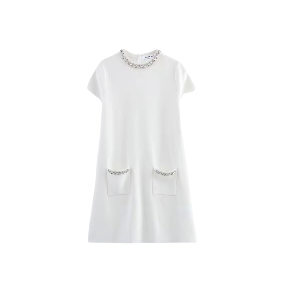White mini dress with decorative trim