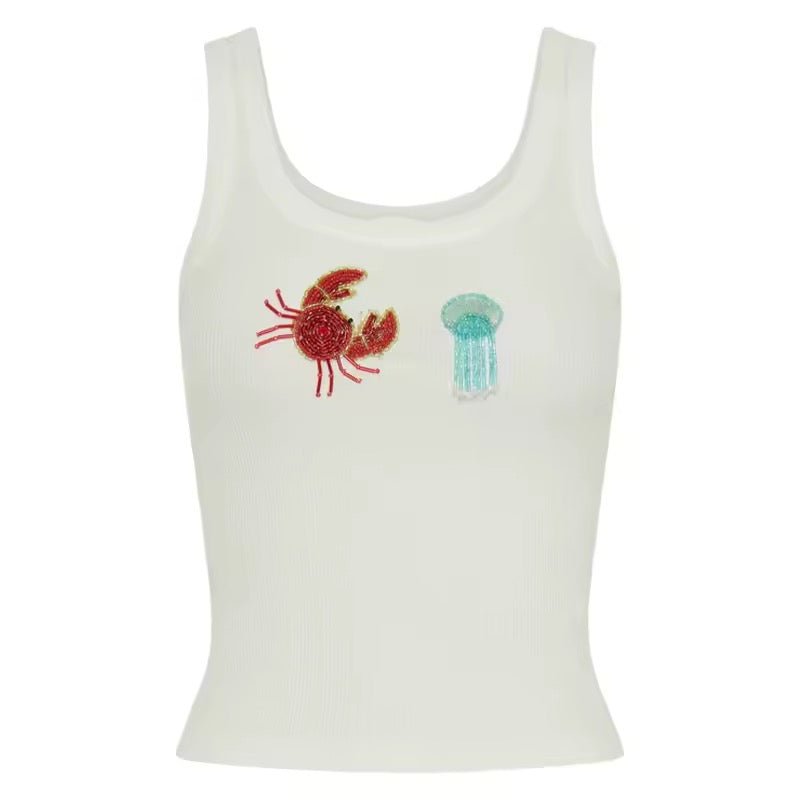 Tank top with crab & jellyfish appliqué