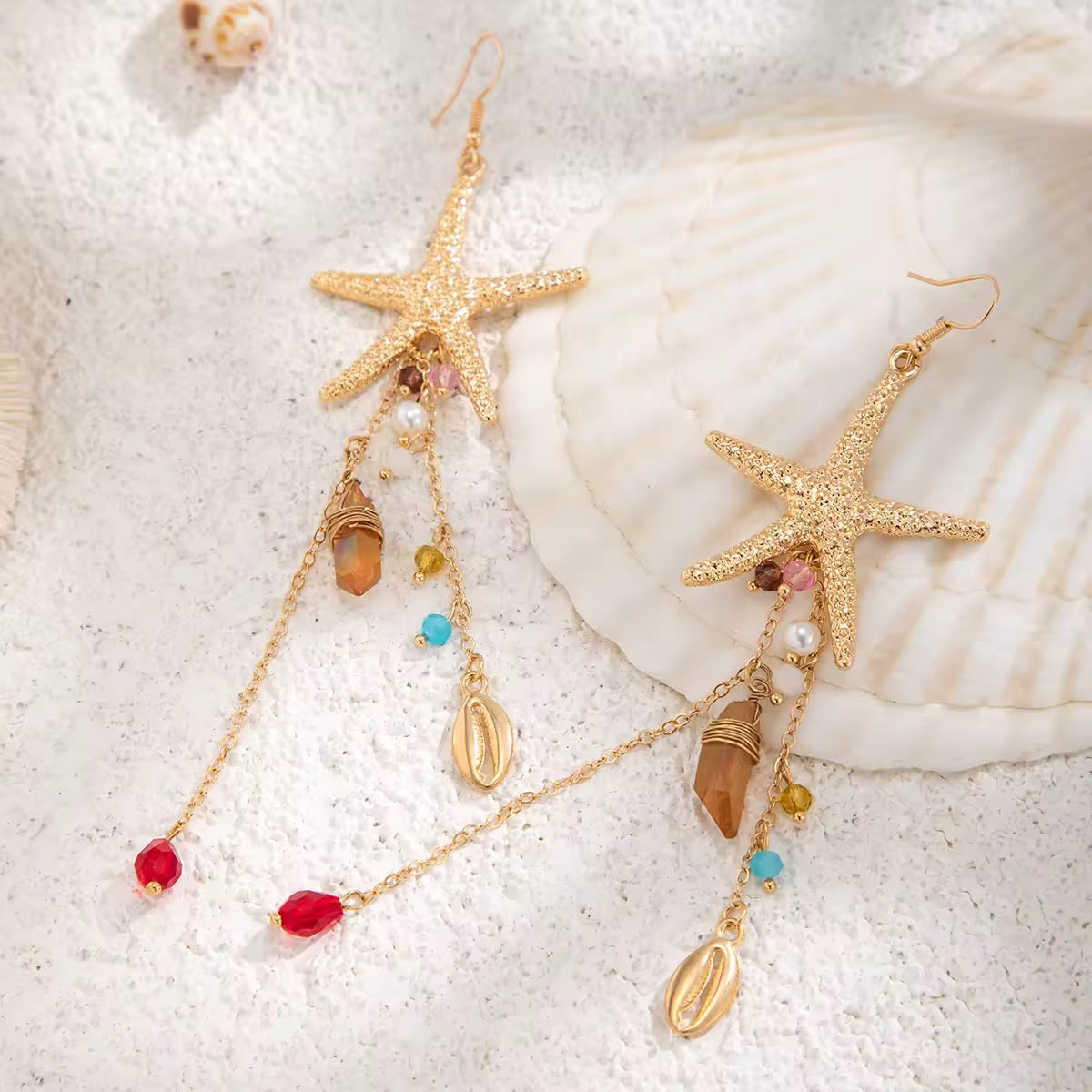 Golden Starfish Dreams – Handmade statement earrings with shell & glass beads