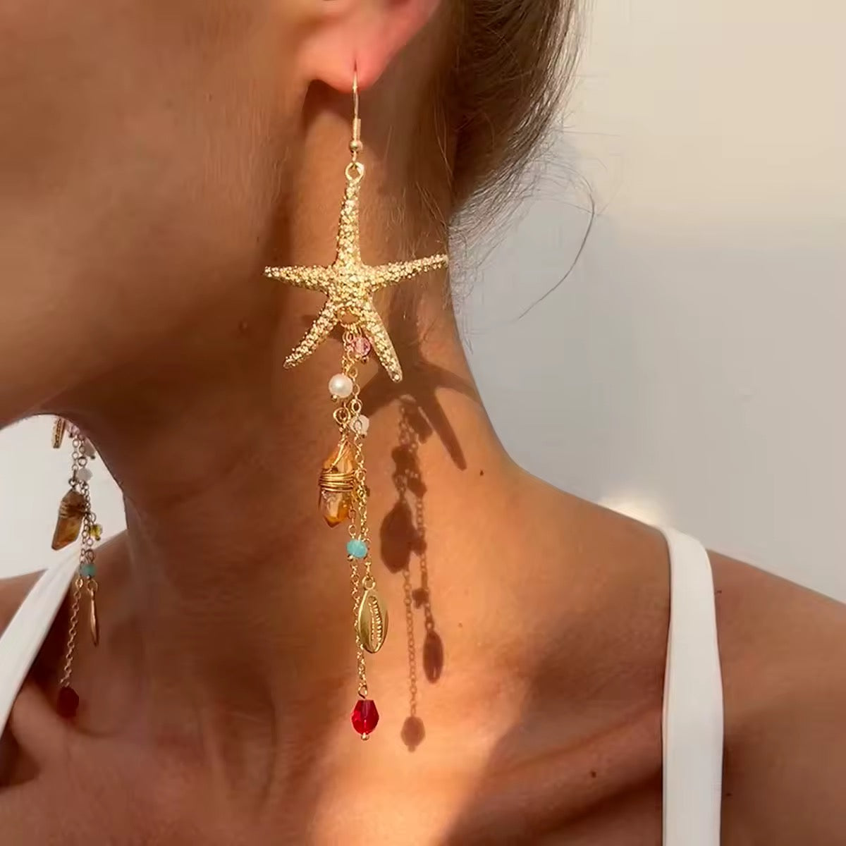 Golden Starfish Dreams – Handmade statement earrings with shell & glass beads