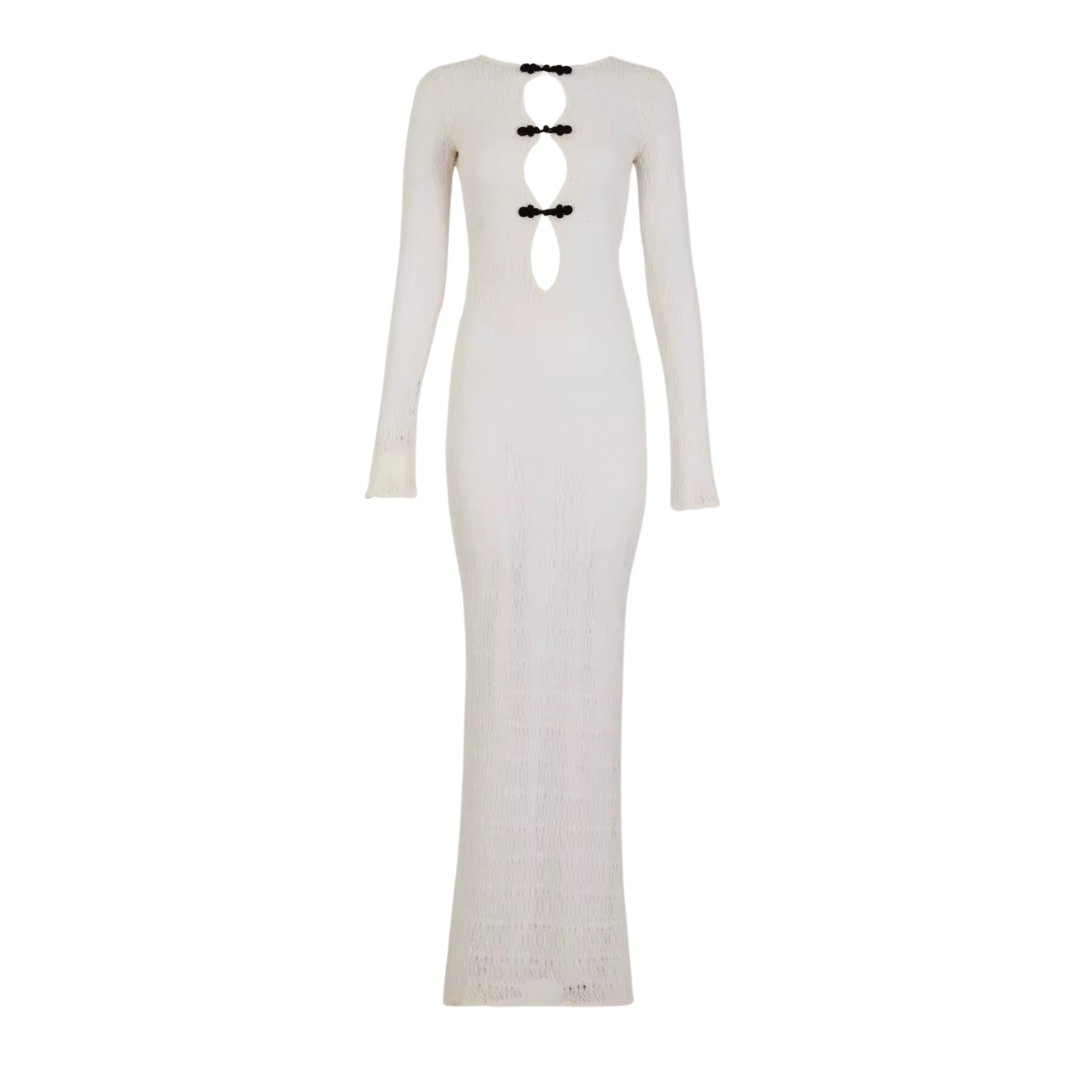 Arielle – Weißes gestricktes Maxikleid mit Cut-Outs und Rückenausschnitt von Ezouna für Damen