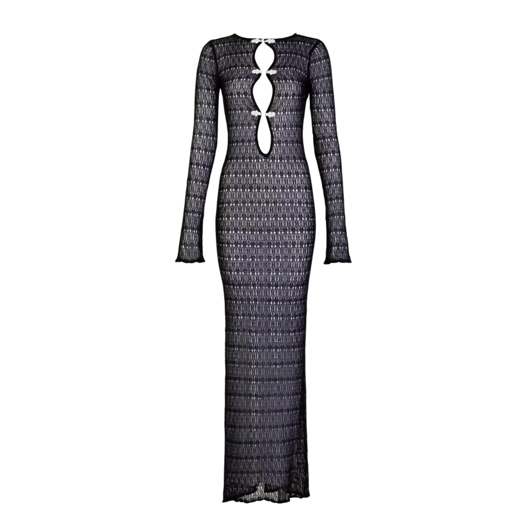 Langes schwarzes Häkelkleid mit Cut-Out-Details und langen Ärmeln – eleganter und transparenter Look von Ezouna für Damen