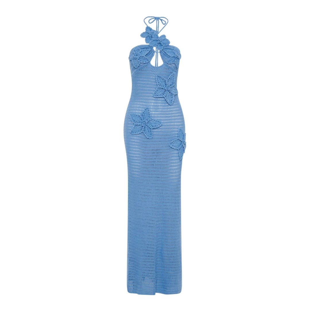 Crochet Maxikleid in Blau mit handgehäkelten 3D-Blumen, Cut-Outs & Neckholder – Boho Sommerkleid