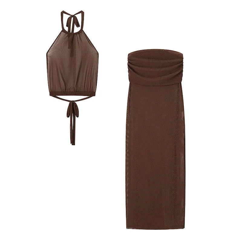 Shimmer Dream Set | Neckholder Crop Top & Maxirock in Braun