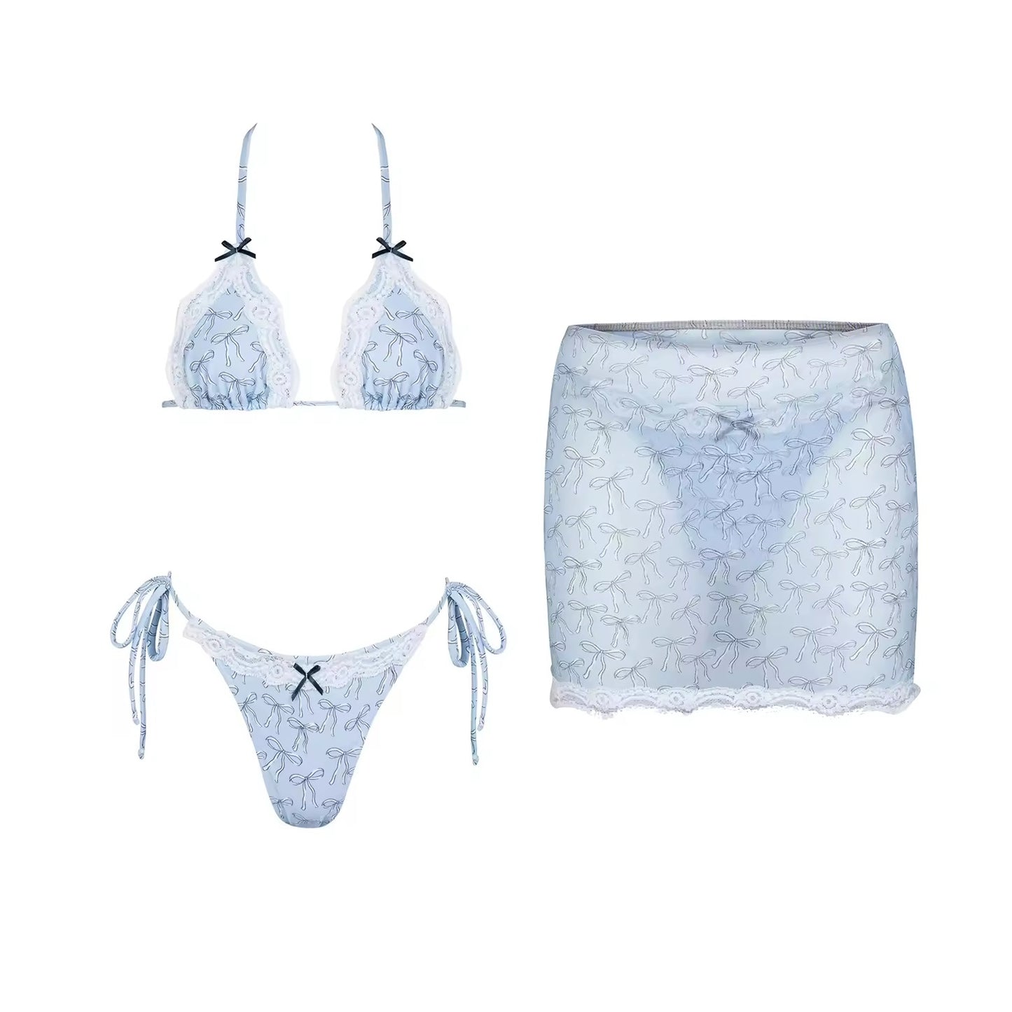 dreamy bow bikini set hellblau mit minirock, 3-teiliges bikini set mit schleifen muster, sexy damen bikini spitze hellblau