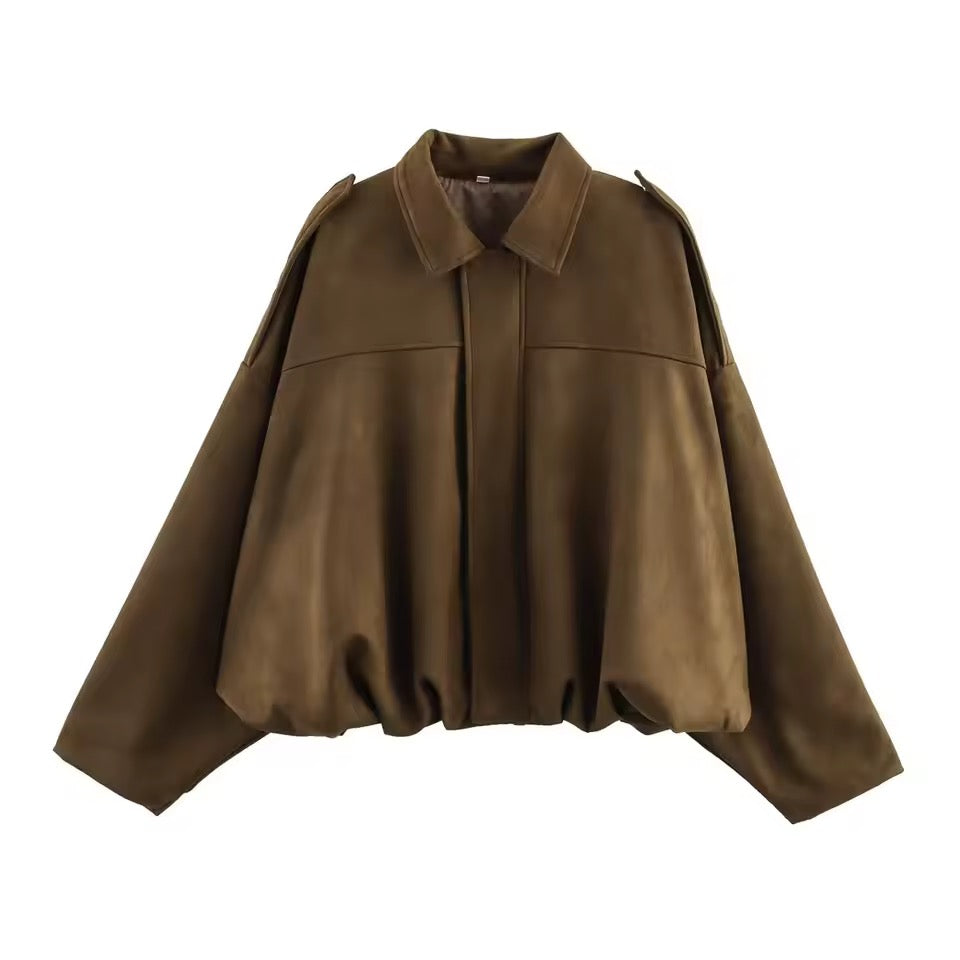 Trendige Bomberjacke in Wildleder-Optik in Khaki – Damenmode