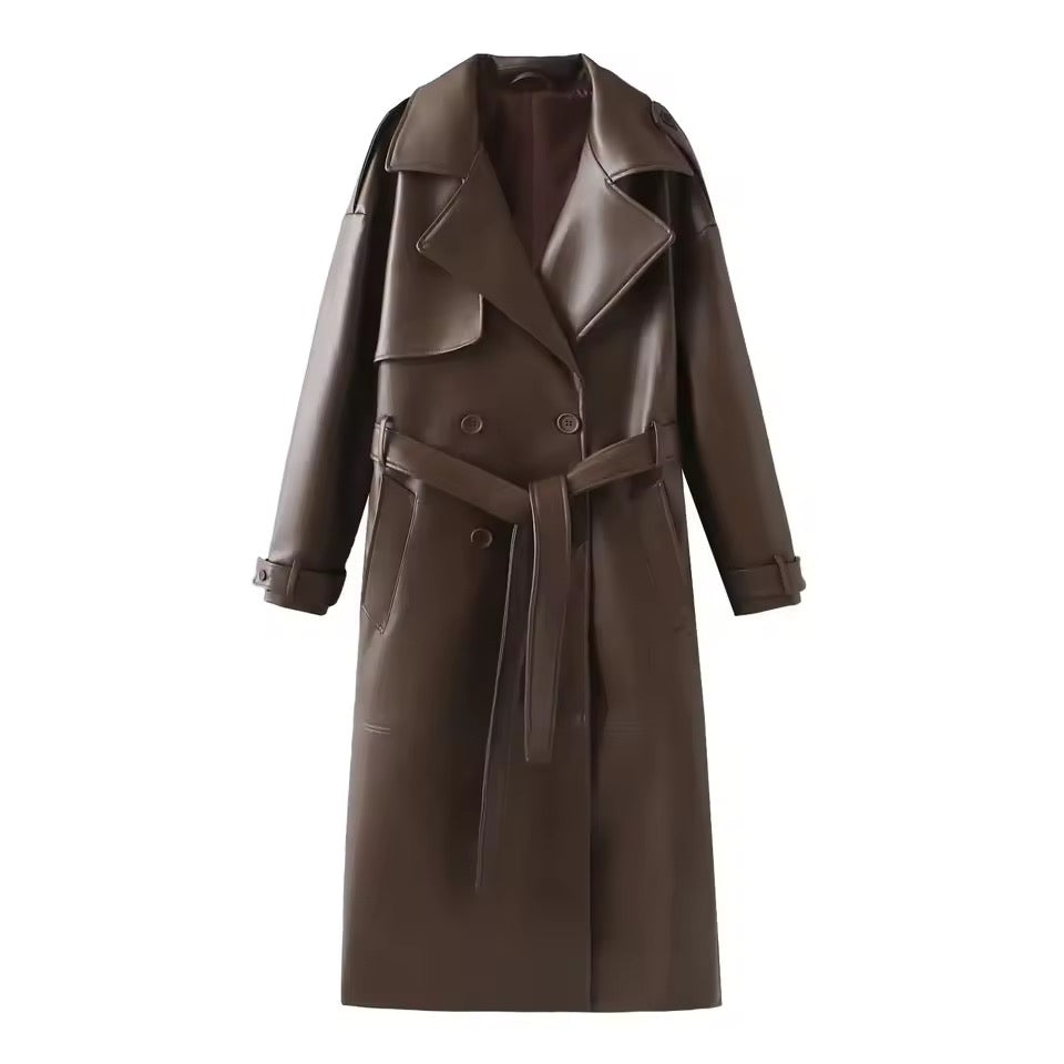 Eleganter Trenchcoat in dunkelbrauner Leder-Optik