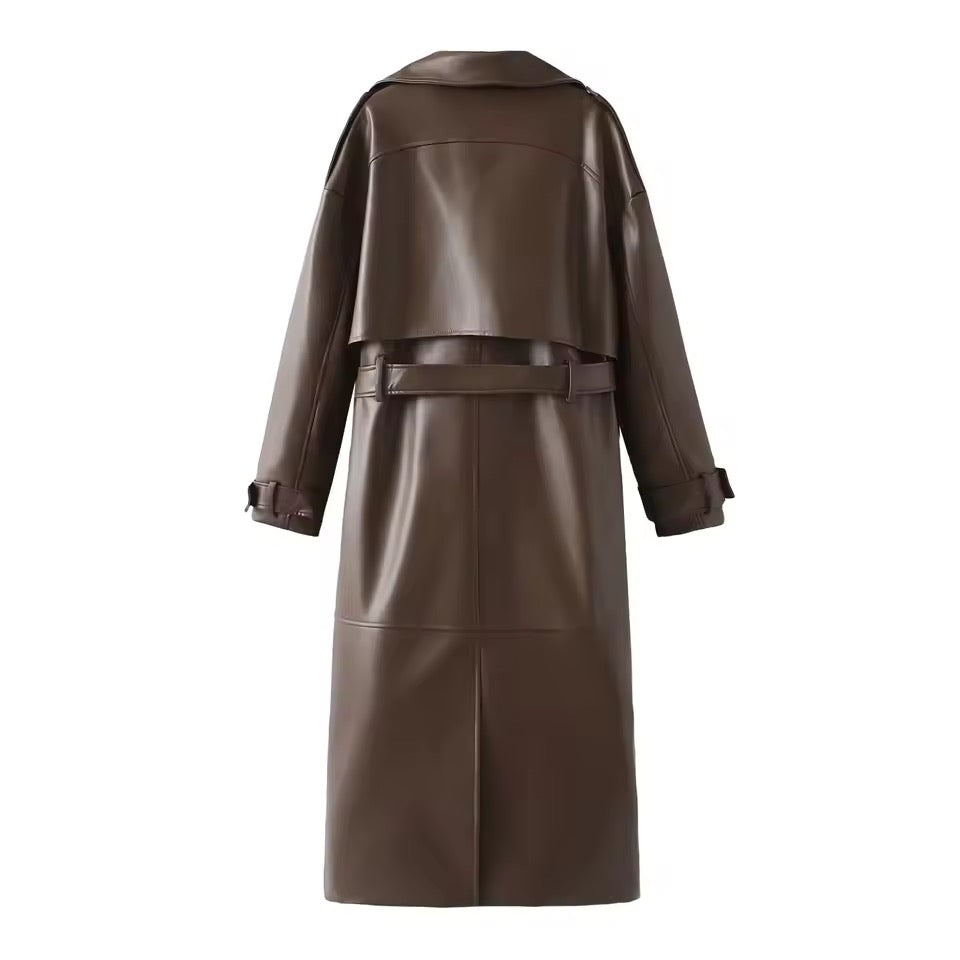 Dunkelbrauner Herbstmantel für Damen mit Gürtel