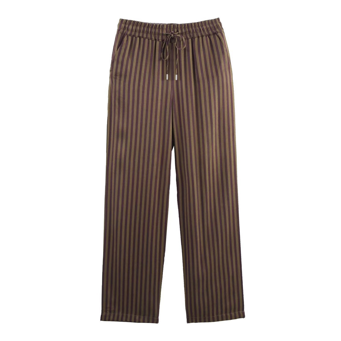 Gestreiftes braunes Damen-Set mit Hemd und Hose aus Satin