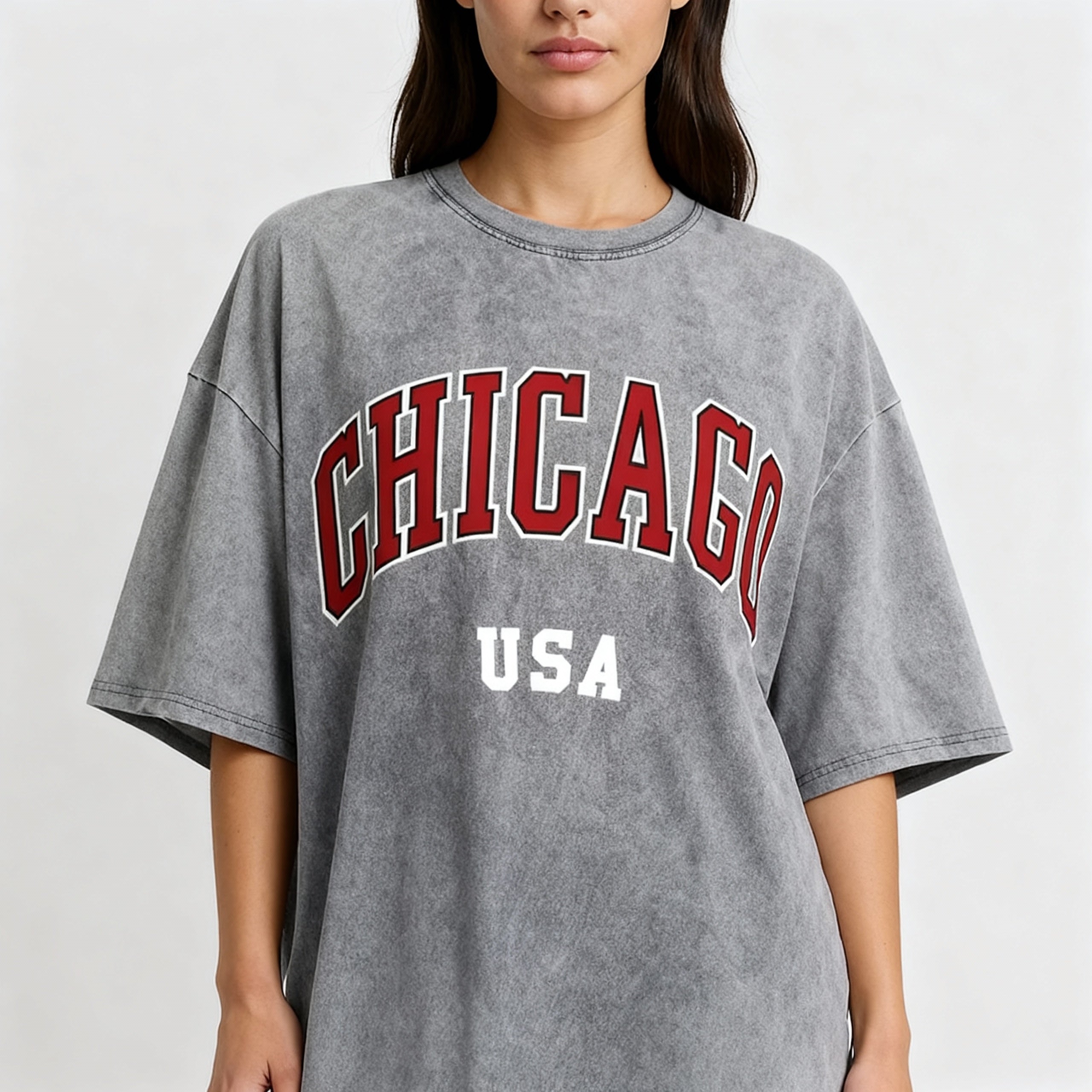 Chicago Oversized T-Shirt Damen Grau mit Frontprint
