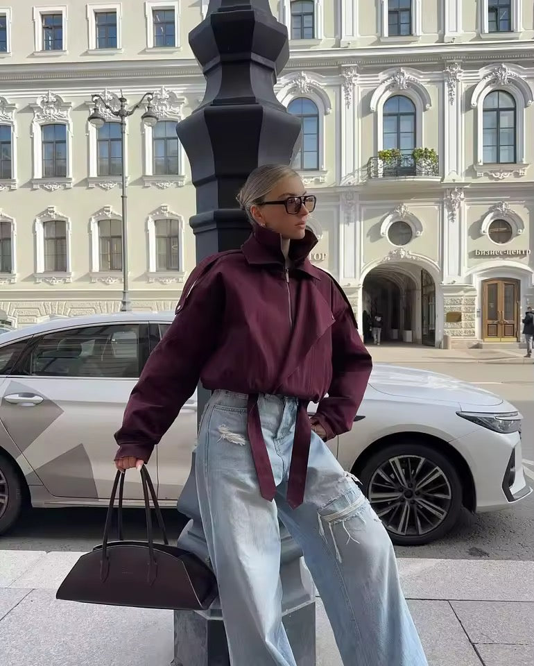 Übergangsjacke Damen Burgunder mit Reißverschluss und Taillenband