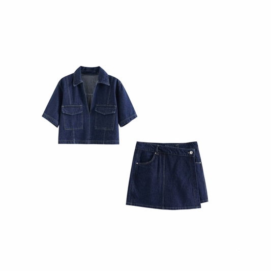 Amina | Zweiteiliges Denim Set bestehend aus Hosenrock & Kurzarm-Bluse