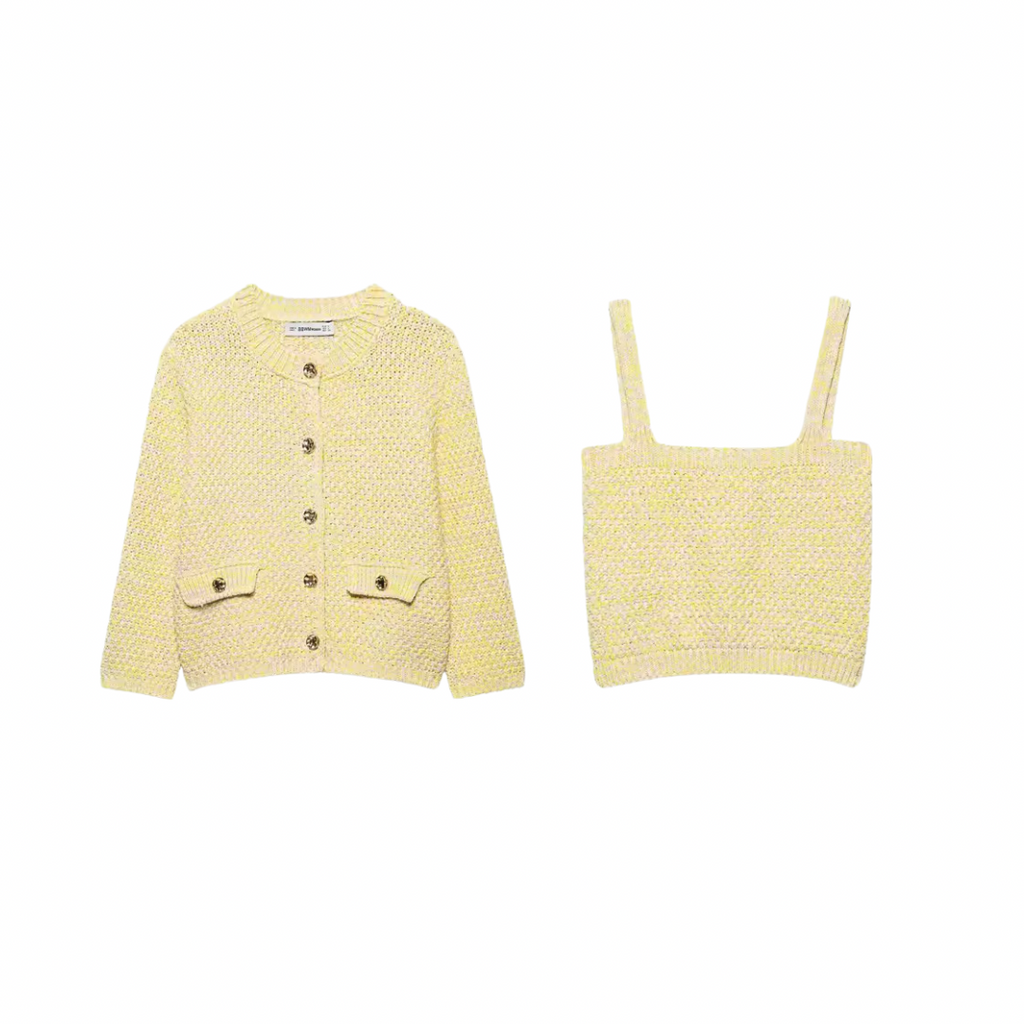 Strick-Duo in Pastellgelb | Eleganter Cardigan & Cropped Top