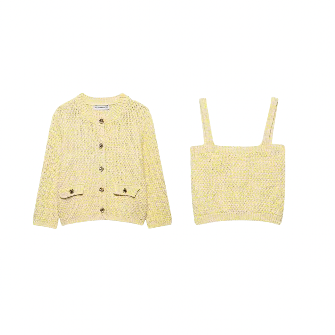 Strick-Duo in Pastellgelb | Eleganter Cardigan & Cropped Top