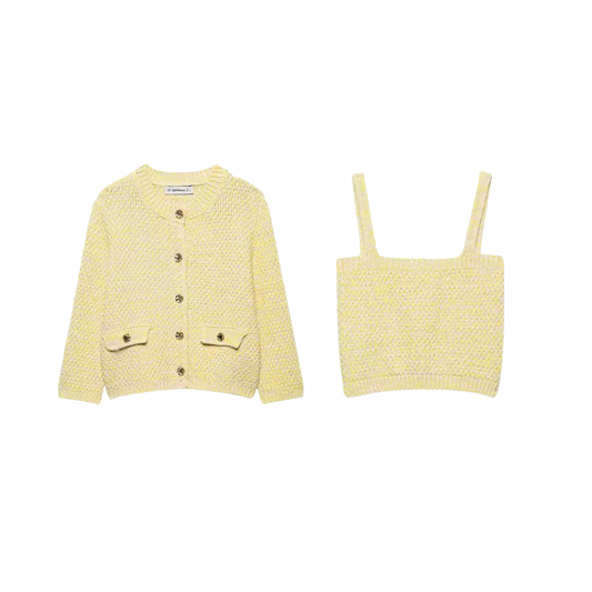 Strick-Duo in Pastellgelb | Eleganter Cardigan & Cropped Top