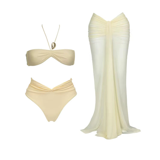 3-piece bikini set in soft yellow with wrap skirt