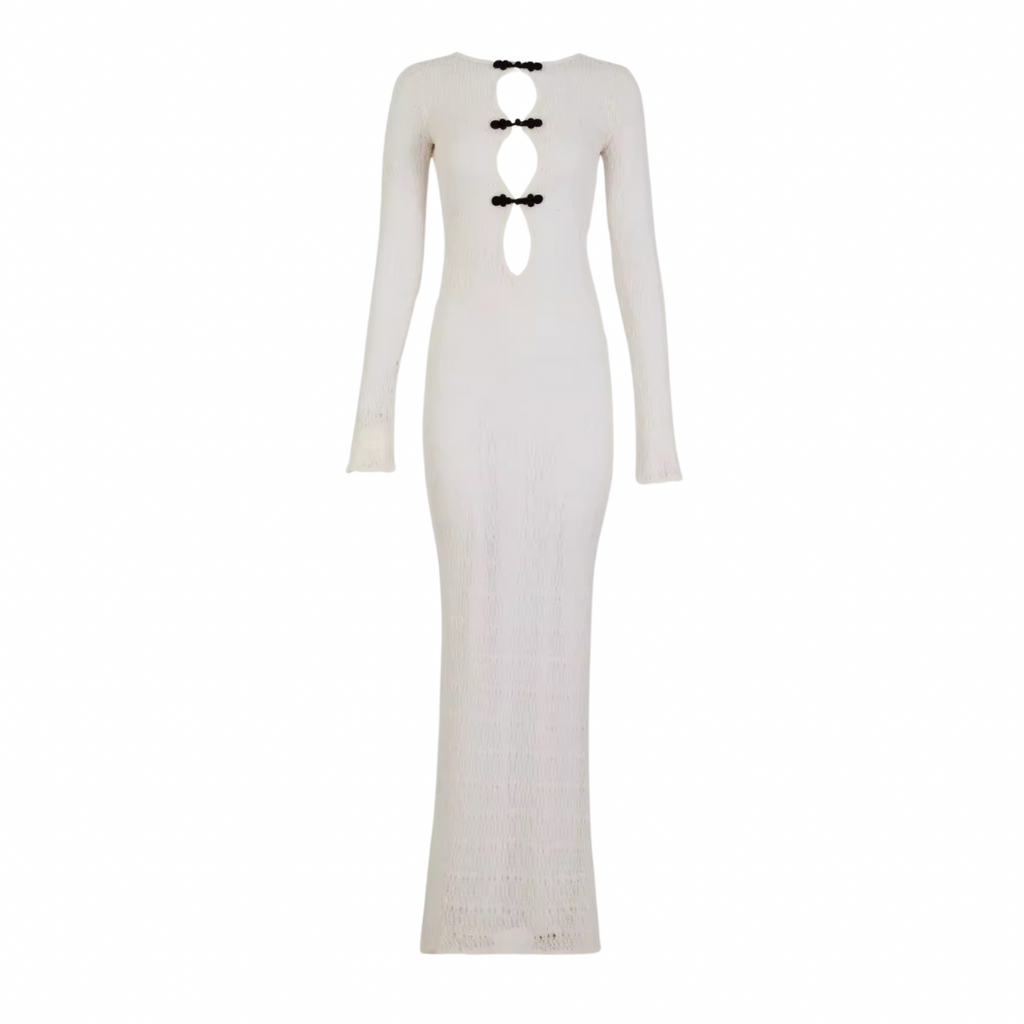 Arielle – Weißes gestricktes Maxikleid mit Cut-Outs und Rückenausschnitt von Ezouna für Damen