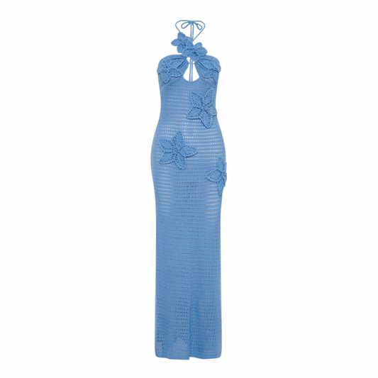 Crochet Maxikleid in Blau mit handgehäkelten 3D-Blumen, Cut-Outs & Neckholder – Boho Sommerkleid