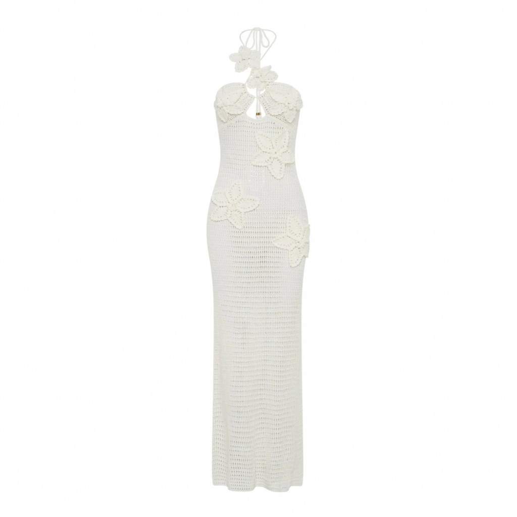 Crochet Maxikleid in Weiß mit handgehäkelten 3D-Blumen, Cut-Outs & Neckholder – Boho Sommerkleid