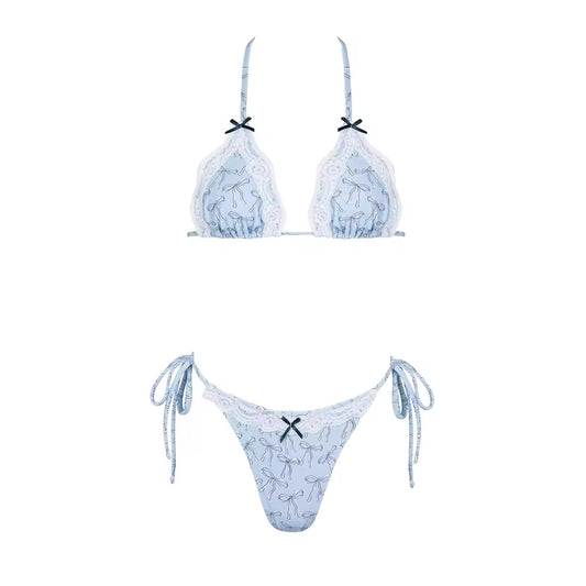 dreamy bow bikini set hellblau mit minirock, 3-teiliges bikini set mit schleifen muster, sexy damen bikini spitze hellblau