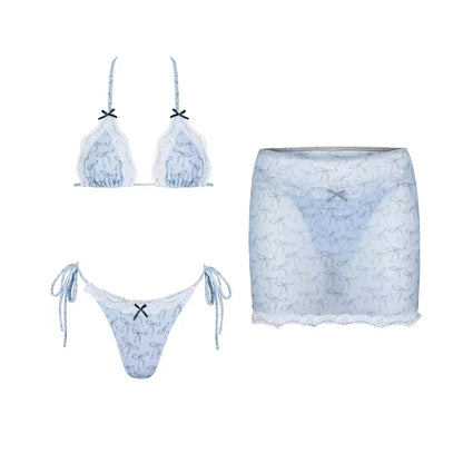 dreamy bow bikini set hellblau mit minirock, 3-teiliges bikini set mit schleifen muster, sexy damen bikini spitze hellblau