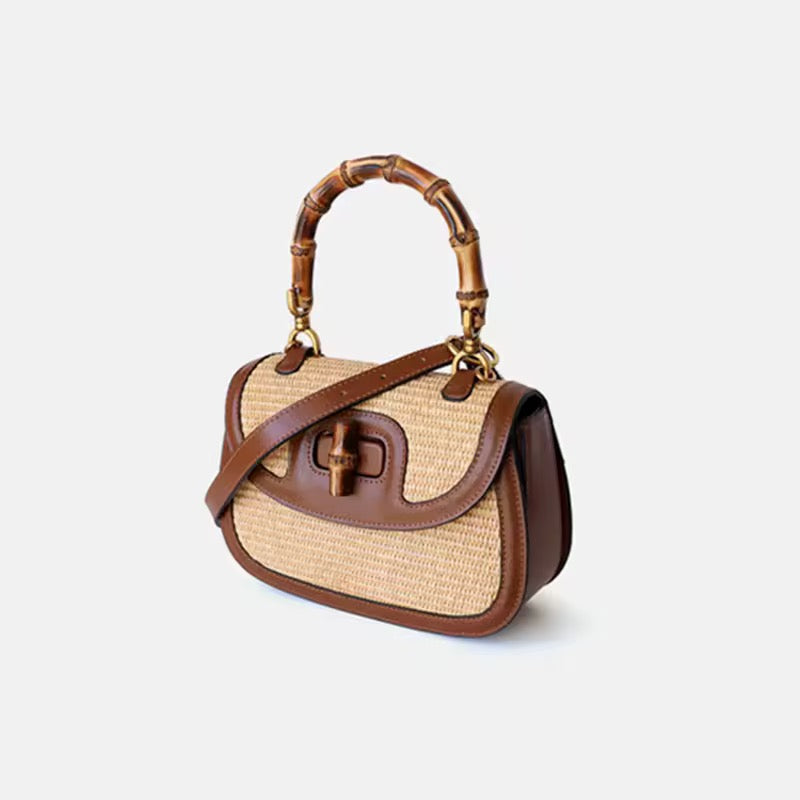 Bamboo Henkeltasche Strohtasche mit Rindsleder und Bambusgriff für Damen Sommer Handtasche