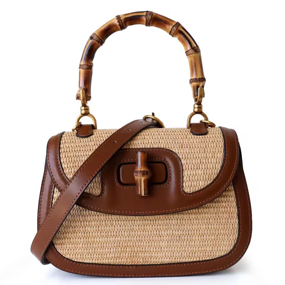 Bamboo Henkeltasche Strohtasche mit Rindsleder und Bambusgriff für Damen Sommer Handtasche