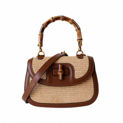 Bamboo Henkeltasche Strohtasche mit Rindsleder und Bambusgriff für Damen Sommer Handtasche