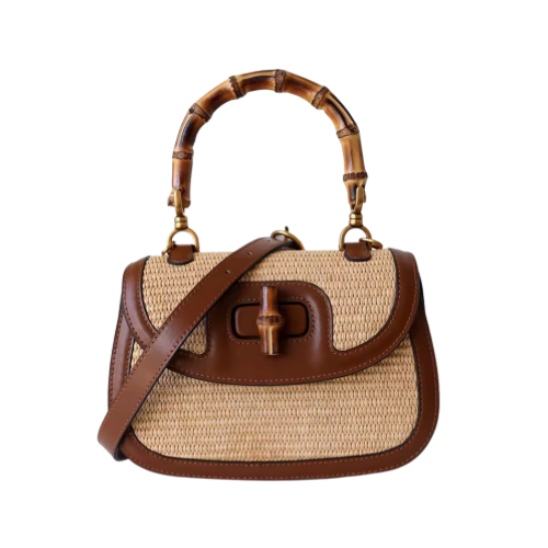 Bamboo Henkeltasche Strohtasche mit Rindsleder und Bambusgriff für Damen Sommer Handtasche