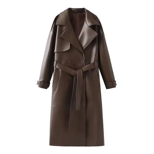 Eleganter Trenchcoat in dunkelbrauner Leder-Optik